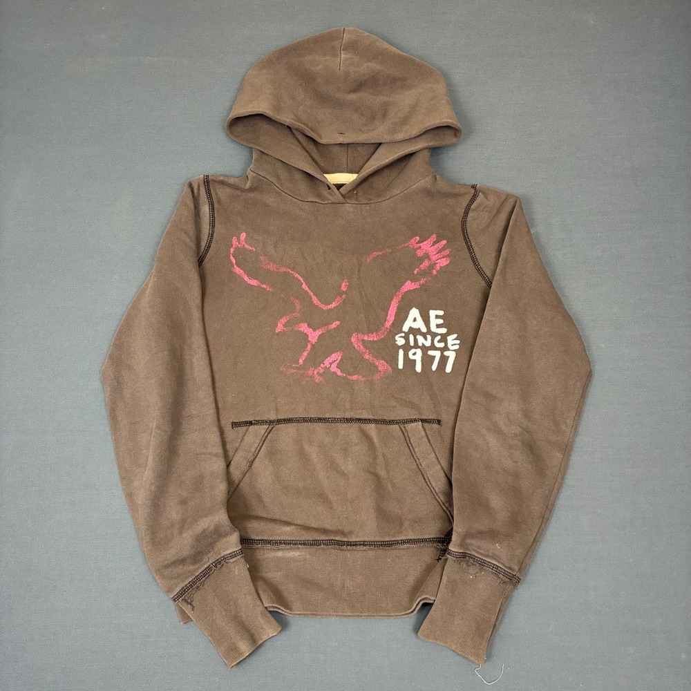 Y2K American Eagle Brown Pullover 'AE Since 1977' Graphic Hoodie Women's Size XS